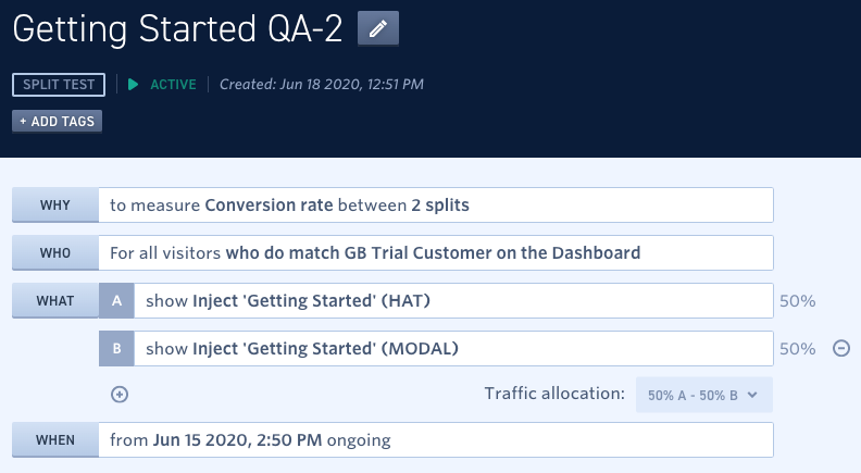 'Getting Started QA-2' -- Monetate experiment listing who experiences the test and why.